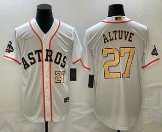 Mens Houston Astros #27 Jose Altuve Number 2023 White Gold World Serise Champions Patch Cool Base Stitched Jerseys